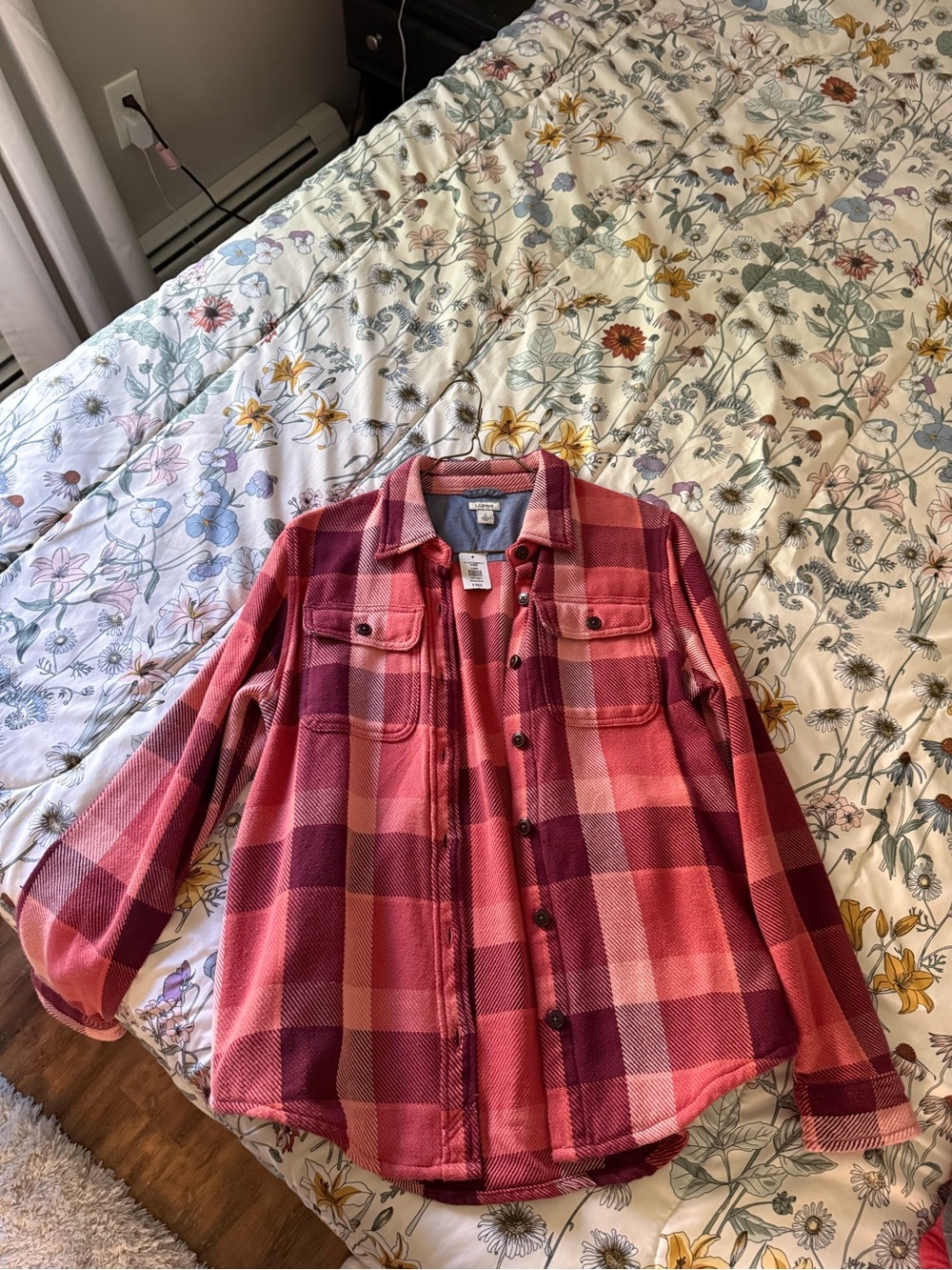 LLBean Plaid Button-Up Shacket in Red and Burgundy